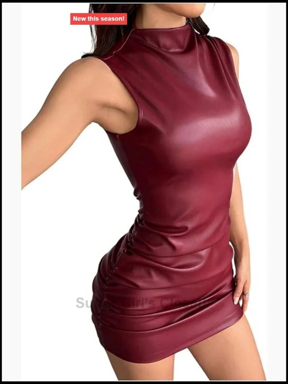Y2K Sleeveless Ruched PU Leather Mini Dress Mock Neck Bodycon Streetwear